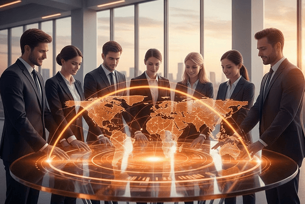 Business professionals reviewing international security standards around a digital globe