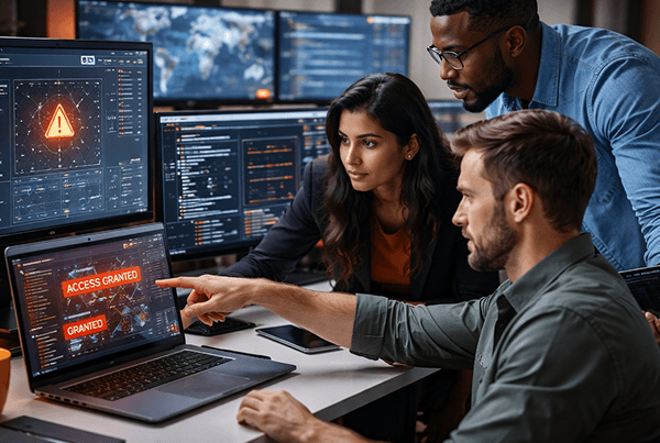 Security professionals analyzing vulnerabilities on monitors