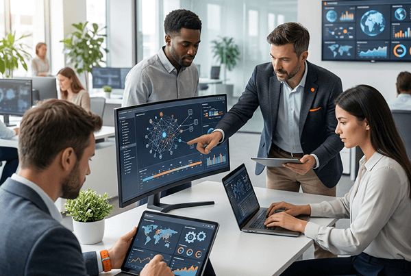 Team analyzing security dashboards and threat data