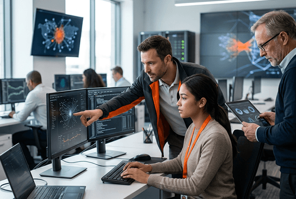 Cybersecurity team collaborating on incident response in a security operations center