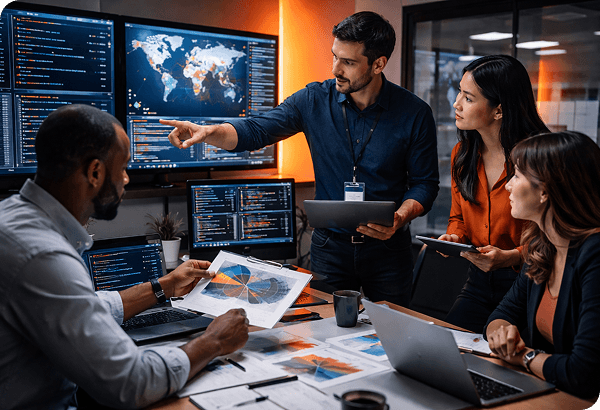 Security team analyzing threat data on multiple screens