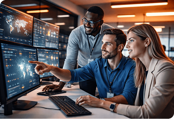 Security professionals monitoring threat data on multiple screens