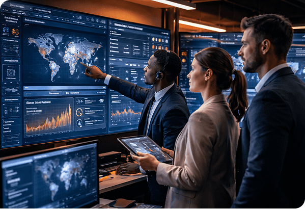 Security analysts reviewing threat intelligence on multiple monitors