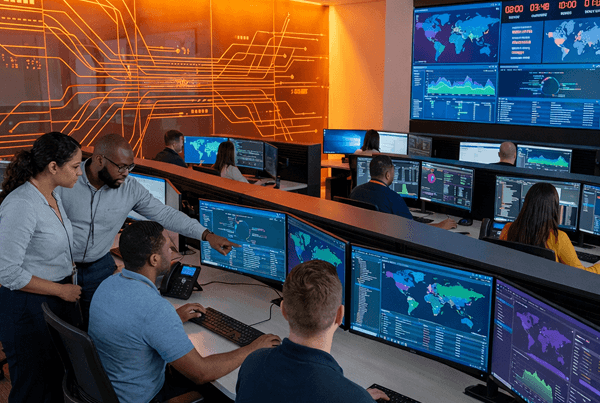 Security operations center with analysts monitoring threat dashboards