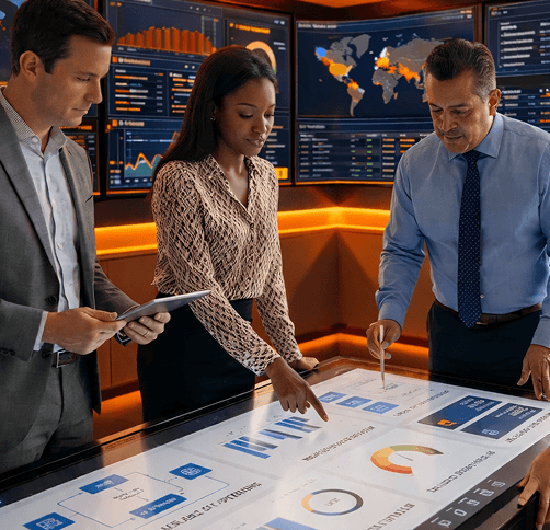 Team collaborating around interactive data display